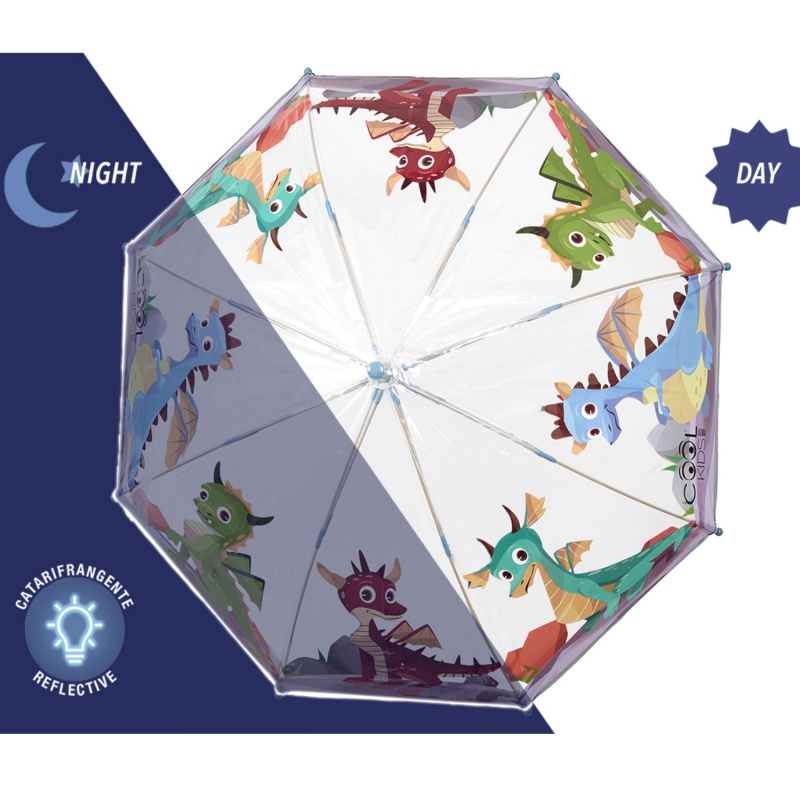 Veselý detský priehľadný dáždnik Perletti Cool Kids „Draky“ rozžiari každý daždivý deň. Farebný motív lietajúcich drakov nadchne