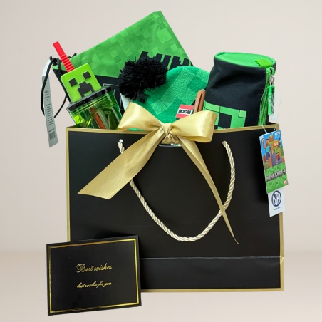 Darčekový balíček MINECRAFT – čiapka, vrecúško, peračník, 3D pohár, doplnky | Luxusná darčeková taška