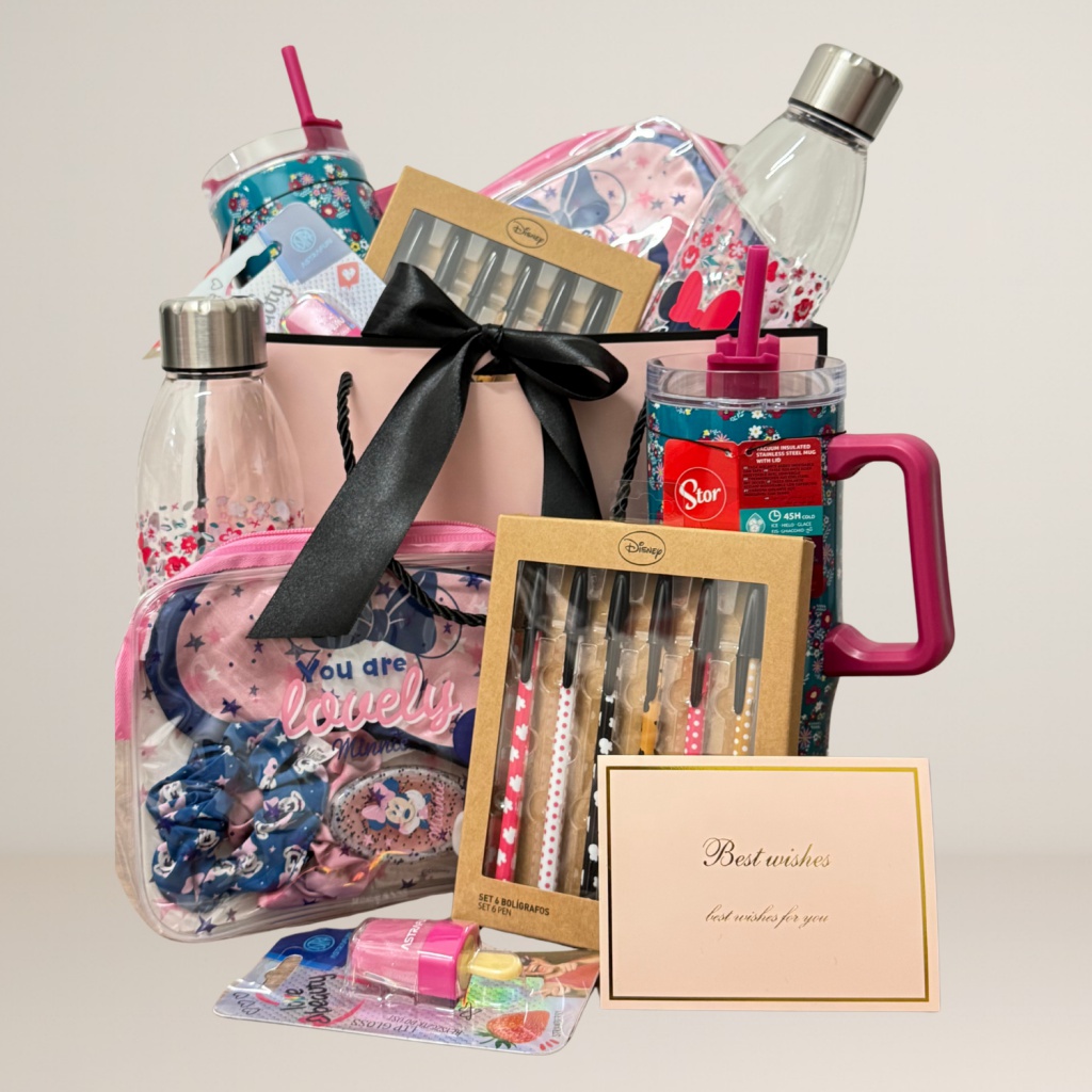 Darčekový balíček Minnie Mouse – fľaše, beauty set, doplnky | Luxusná ružová darčeková taška