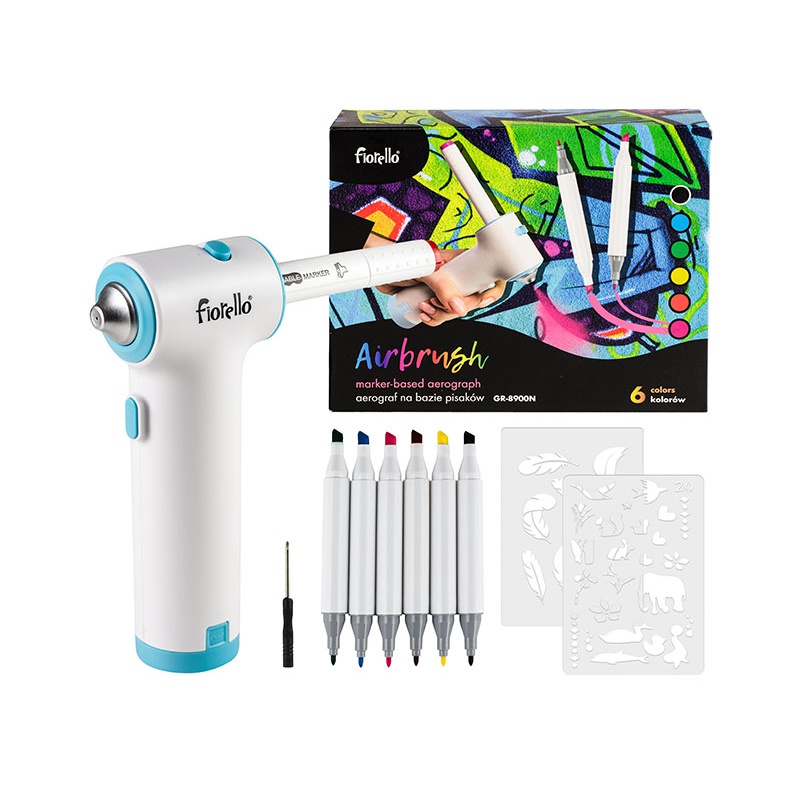 Airbrush set Fiorello GR-8900N – kreativní stříkací sada s fixy a šablonami
