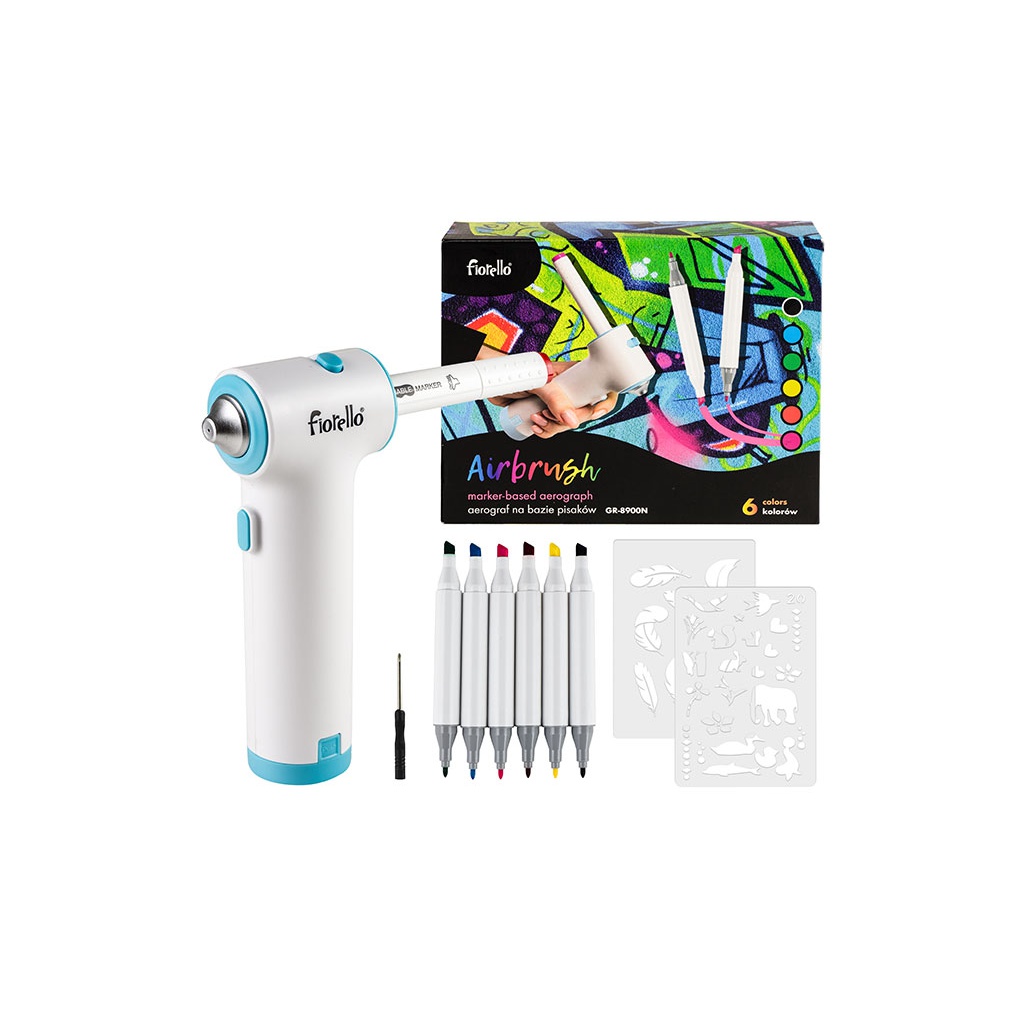 Airbrush set Fiorello GR-8900N – kreativní stříkací sada s fixy a šablonami