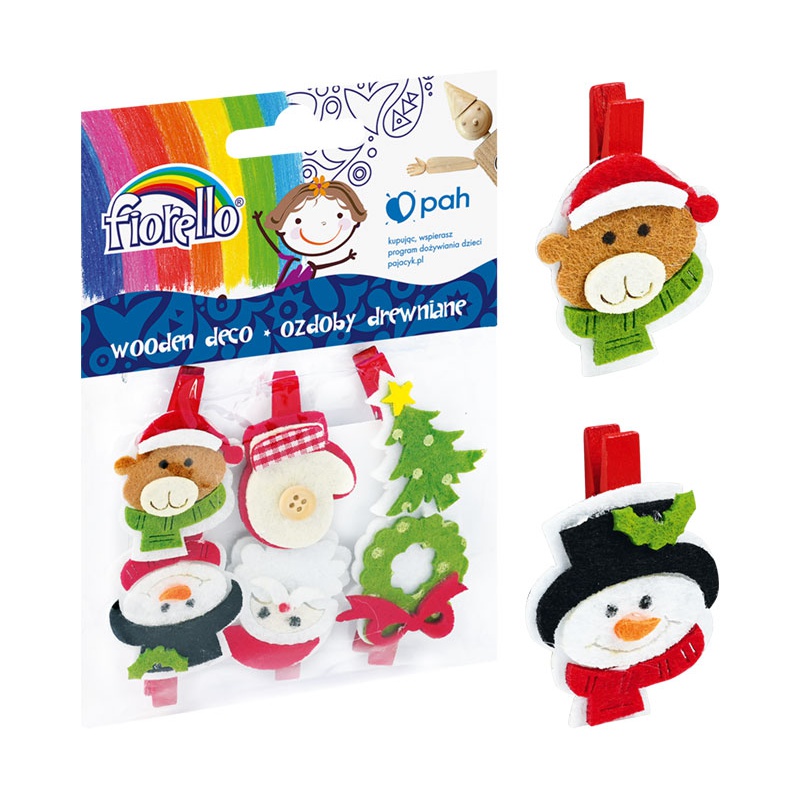 Fiorello Vianočné drevené ozdoby s klipsom GR-WD449 – sada 6 ks
