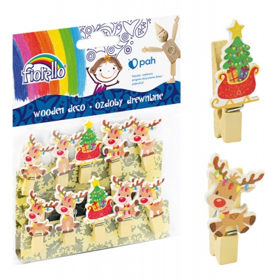 Fiorello drevené vianočné ozdoby s klipsom GR-WD915 – sobíky a sane, 10 ks