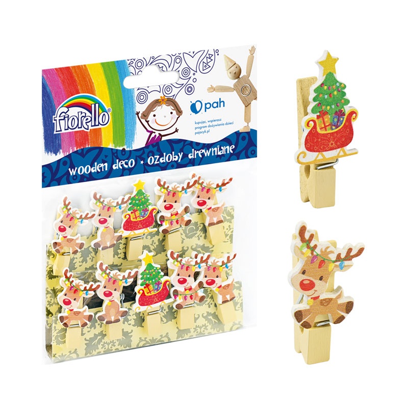 Sada Fiorello GR-WD915 obsahuje deset dřevěných vánočních ozdob s veselými motivy sobíků a saní. Každá ozdoba je upevněna na