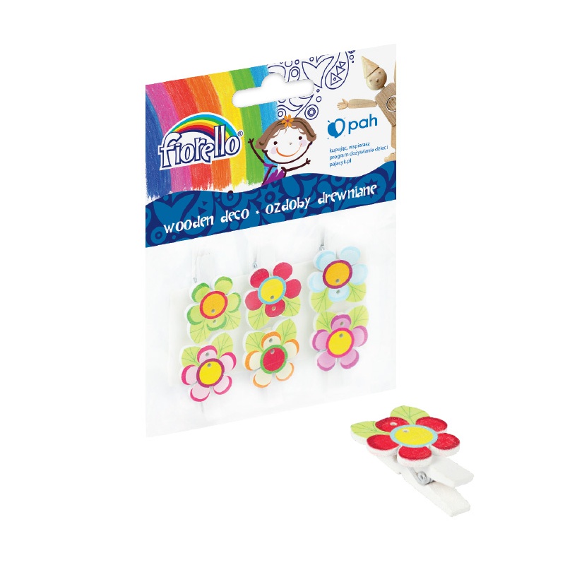 Sada Fiorello GR-WD723 obsahuje šest barevných dřevěných ozdob ve tvaru květin. Každý kvítek je připevněn na klipsu, takže se d