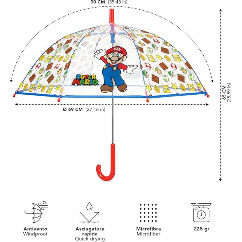 Dětský průhledný deštník Super Mario – bezpečný a odolný | Perletti