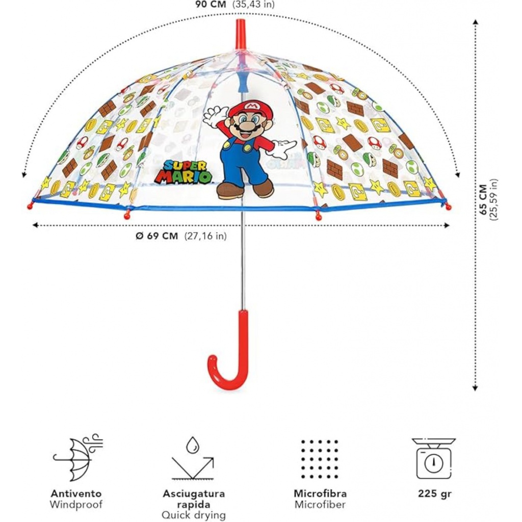 Dětský průhledný deštník Super Mario – bezpečný a odolný | Perletti