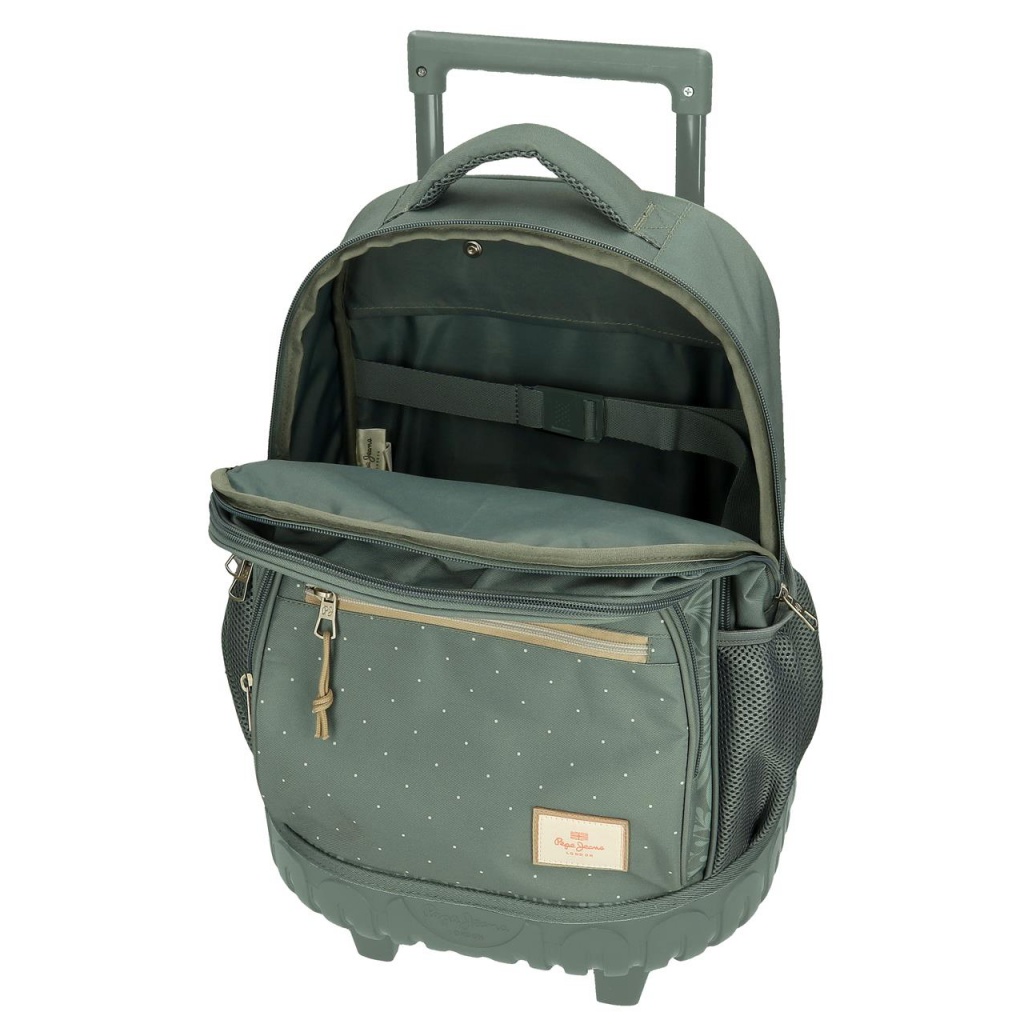 Školní batoh na kolečkách Pepe Jeans Coralie v zeleném designu kombinuje svěží vzhled s vysokou praktičností. Dvoukomorové r