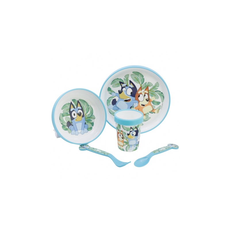 Dětský jídelní set Bluey 5-dílný | Talíř, miska, sklenice, příbory