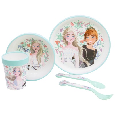 Detský protišmykový jedálenský set Frozen Premium Bicolor – 5 dielov
