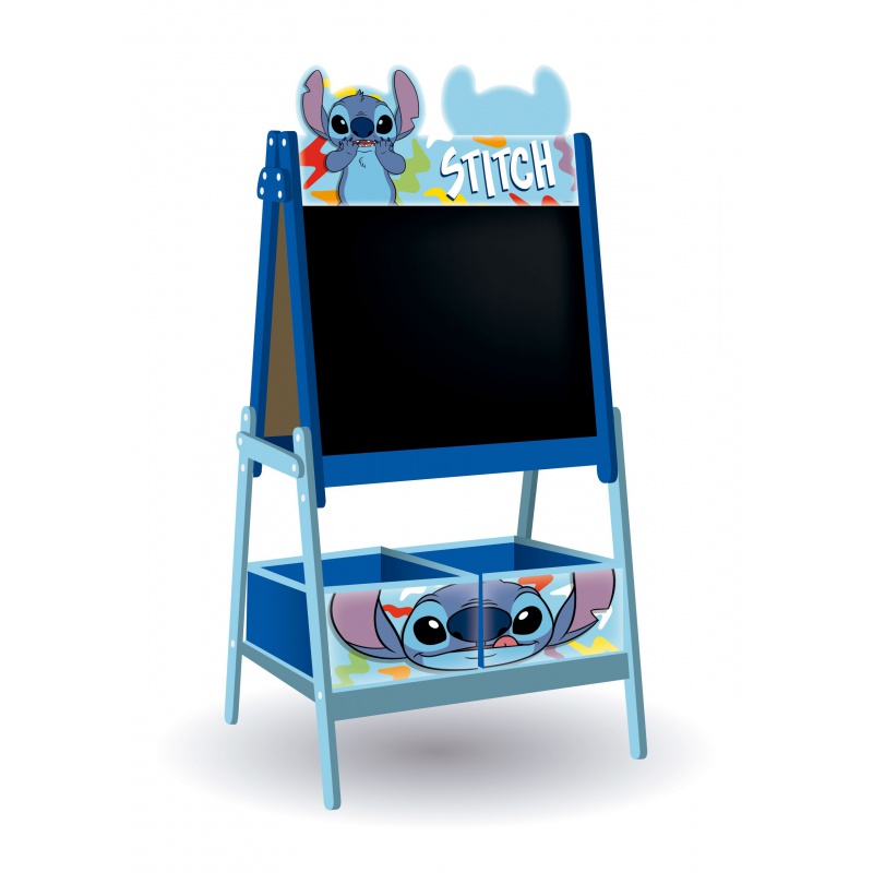 Detská obojstranná tabuľa Stitch – drevený stojan s úložným priestorom