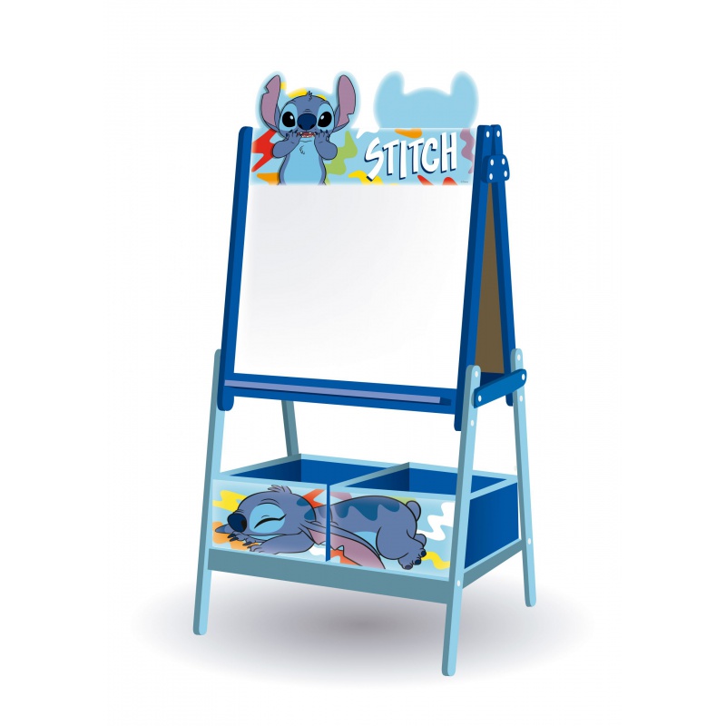 Detská obojstranná tabuľa Stitch – drevený stojan s úložným priestorom