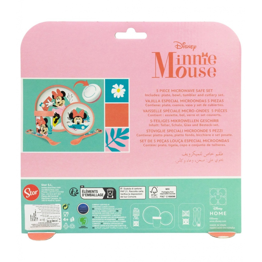 Dětský jídelní set Minnie Mouse 5-dílný – talíř, miska, sklenice a příbor