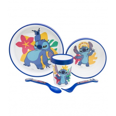 Dětský jídelní set Stitch 5-dílný – talíř, miska, sklenice a příbor