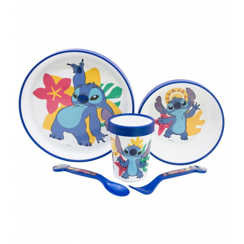 Dětský jídelní set Stitch 5-dílný – talíř, miska, sklenice a příbor