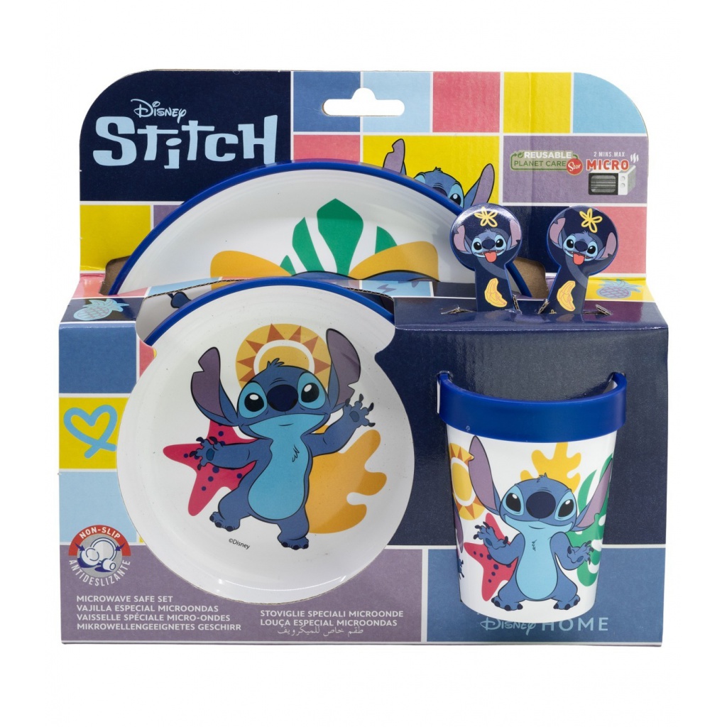 Dětský jídelní set Stitch 5-dílný – talíř, miska, sklenice a příbor