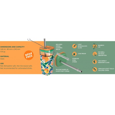 QUOKKA Cube, Skleněná sklenice se silikonovým povrchem WATER FLOWERS, 540ml, 40060