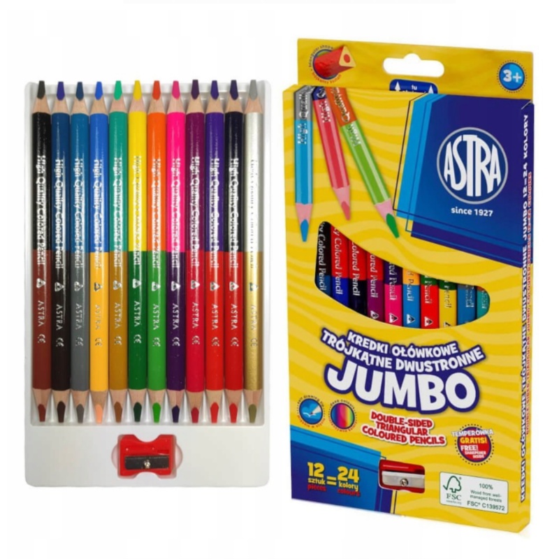 ASTRA Oboustranné trojhranné barvičky JUMBO 12ks/24barev + struhadlo, 312118001