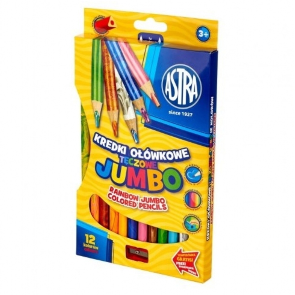 Jumbo dúhové farbičky Astra 12 farieb – trojhranné, pre deti + strúhadlo
