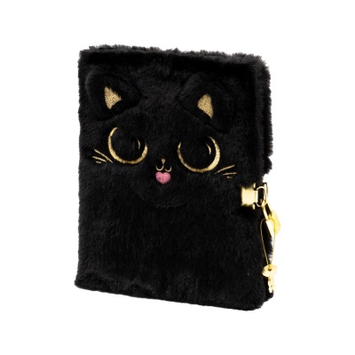Deník s klíčkem Fluffy Kitty Black A5 – plyšový zápisník 96 listů
