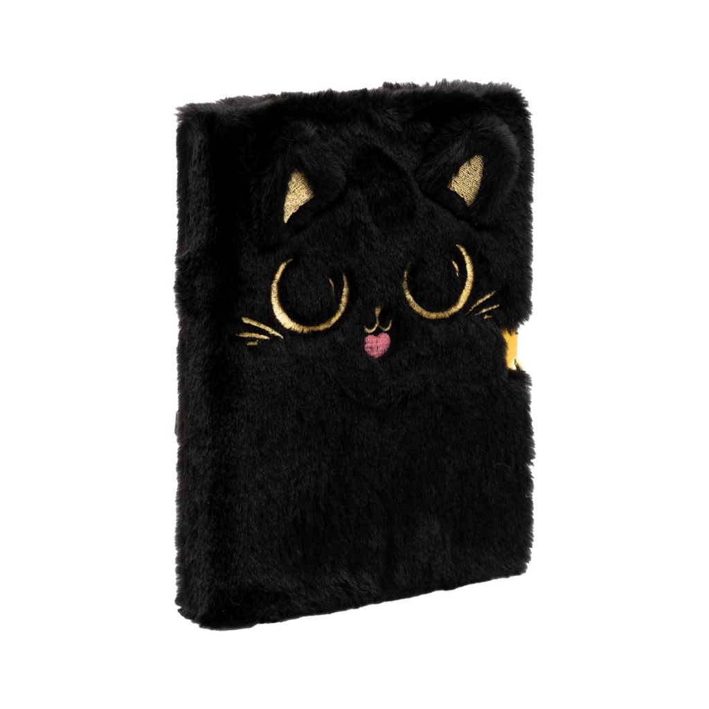 Denník s kľúčikom Fluffy Kitty Black A5 – plyšový zápisník 96 listov