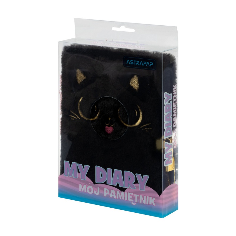Denník s kľúčikom Fluffy Kitty Black A5 – plyšový zápisník 96 listov