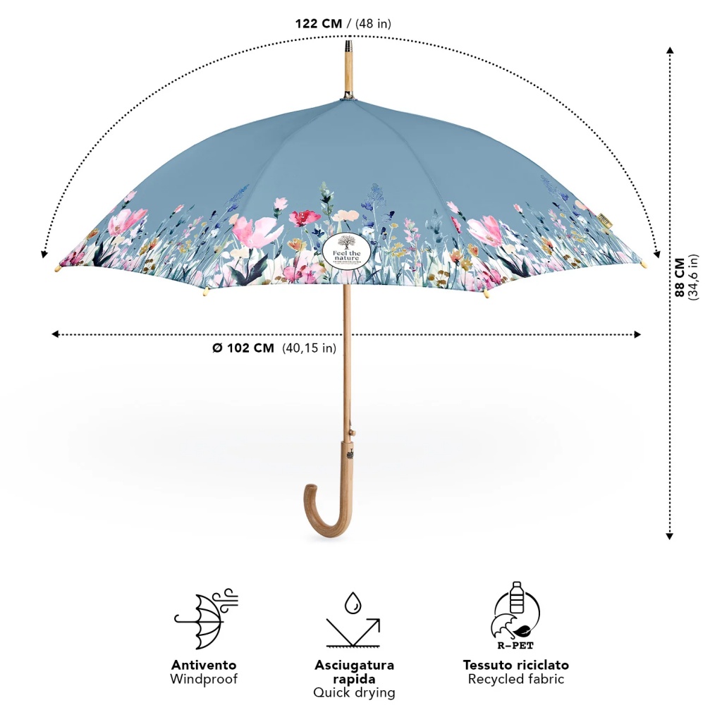 Elegantní dámský automatický deštník Perletti Time Flowers v modrém provedení zaujme jemným květinovým lemem a moderním vzhledem