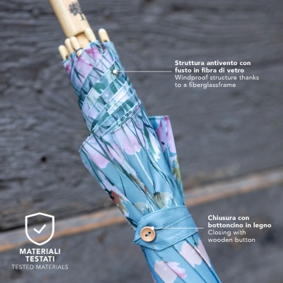 Elegantní dámský automatický deštník Perletti Time Flowers v modrém provedení zaujme jemným květinovým lemem a moderním vzhledem