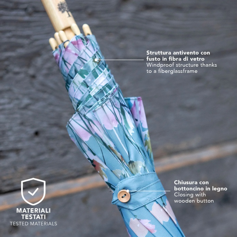Elegantní dámský automatický deštník Perletti Time Flowers v modrém provedení zaujme jemným květinovým lemem a moderním vzhledem