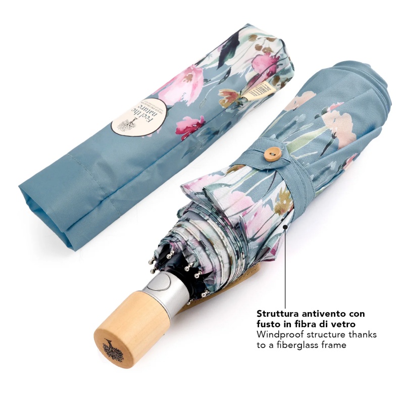 Dámsky automatický skladací dáždnik Perletti Green Tulips modrý