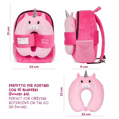 Detský plyšový batoh Unicorn s cestovným vankúšom Perletti ružový