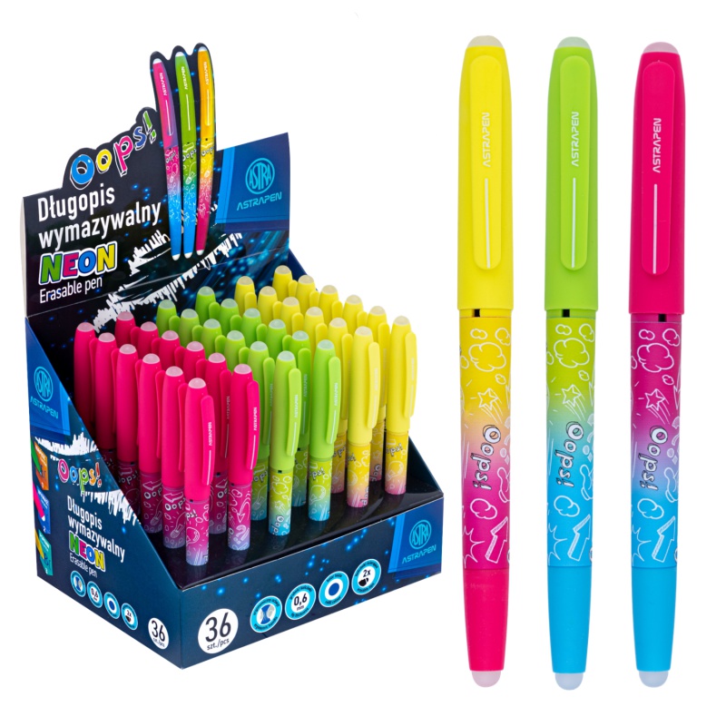 Gumovací pero AstraPEN Oops! Neon, 0,6mm, modré, stojan, 201023029