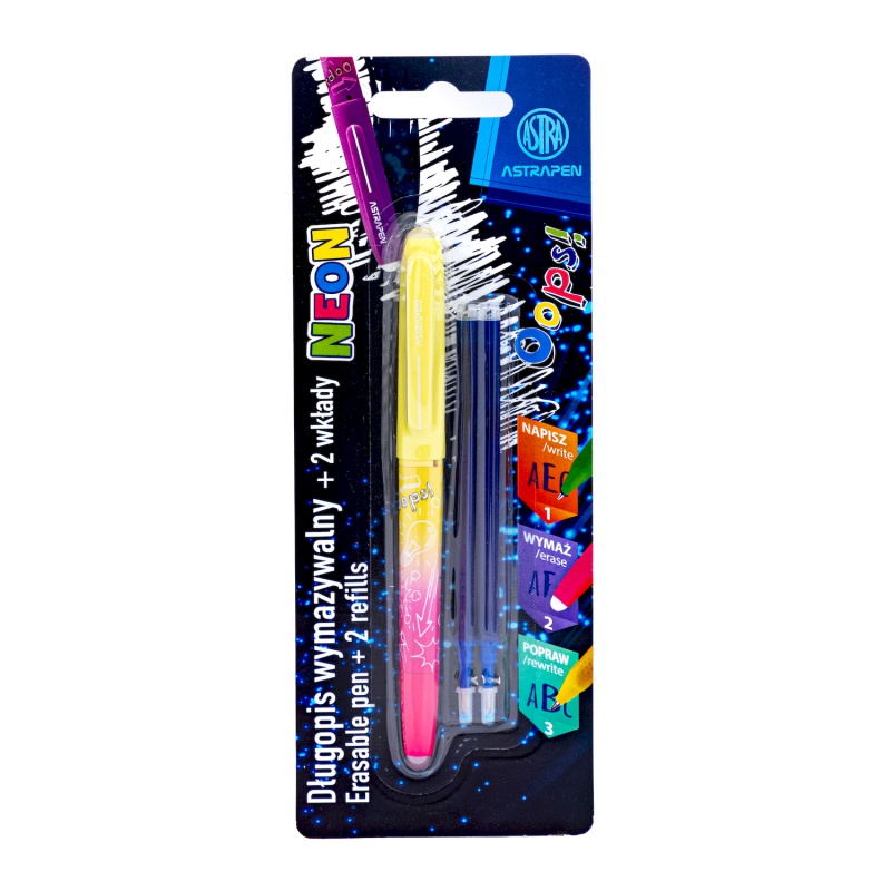 Gumovací pero AstraPEN Oops! Neon, 0,6mm, modré, 2ks náplň, blistr, 201023032