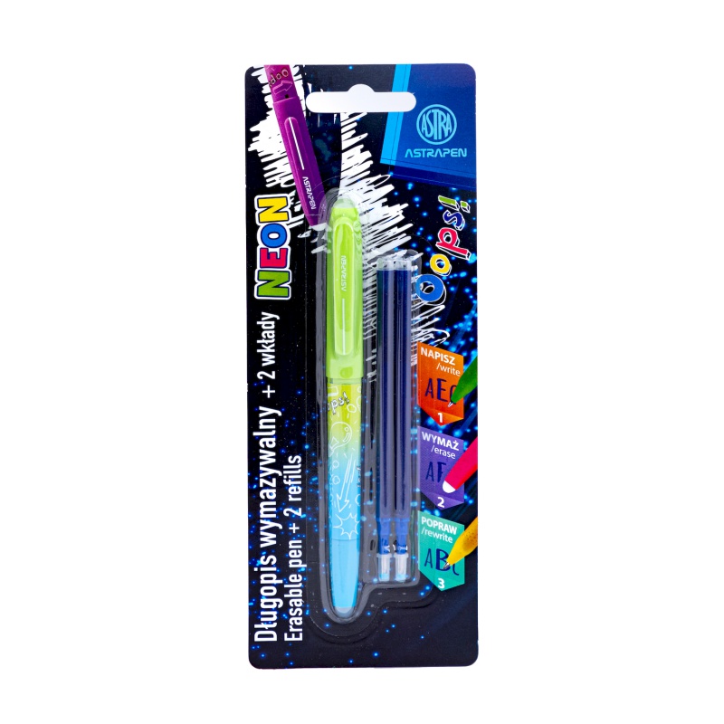 Gumovací pero AstraPEN Oops! Neon, 0,6mm, modré, 2ks náplň, blistr, 201023032