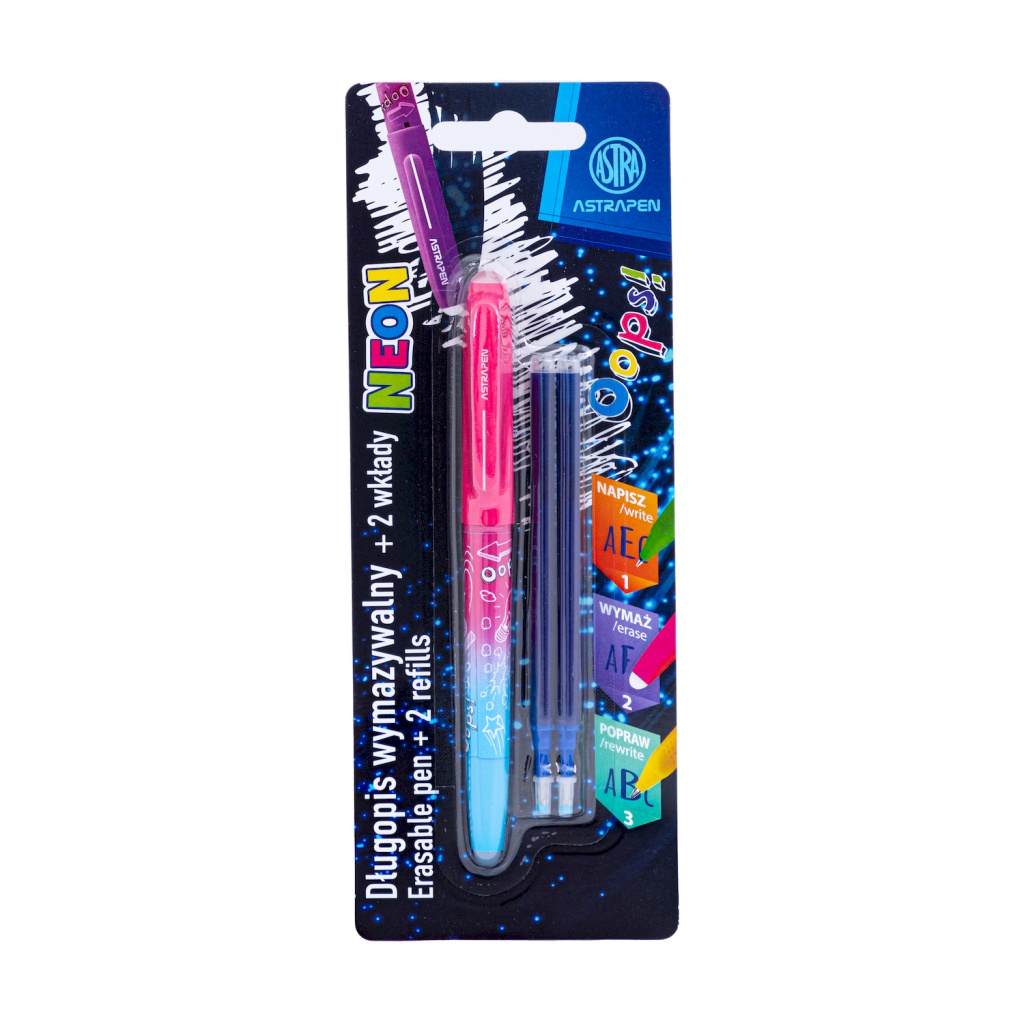 Gumovacie pero Astrapen OOPS! Neon + 2 náhradné náplne modré 0,6 mm