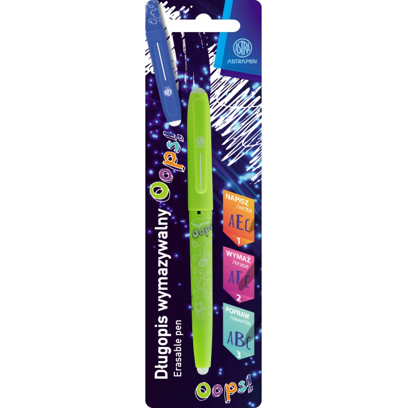 Gumovateľné pero OOPS!, 0,6mm, modré, dve gumy, mix farieb, blister, 201120003