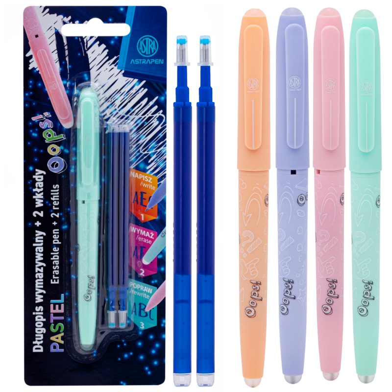 Gumovateľné pero AstraPen OOPS! modré – 0,6 mm + náplne, pastelové farby