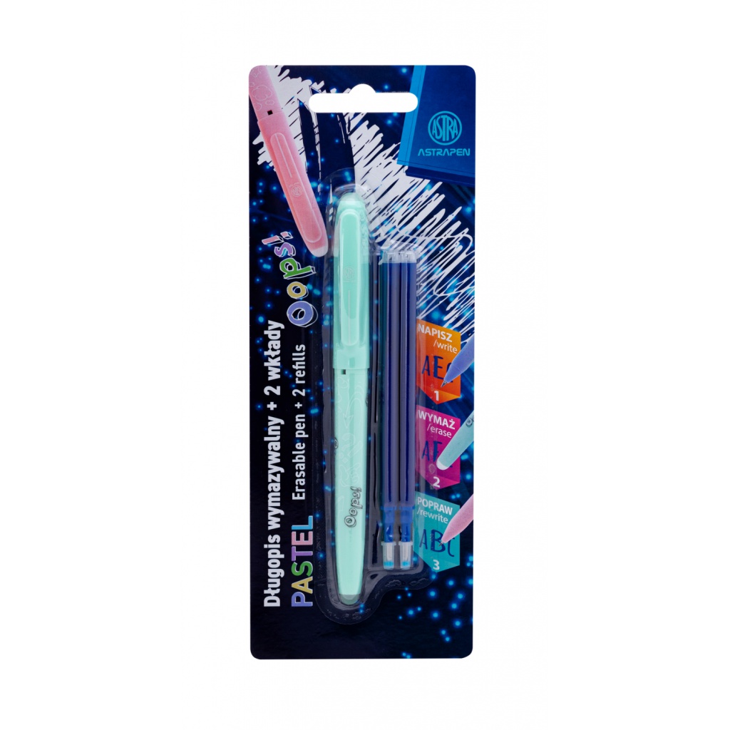 Gumovateľné pero AstraPen OOPS! modré – 0,6 mm + náplne, pastelové farby