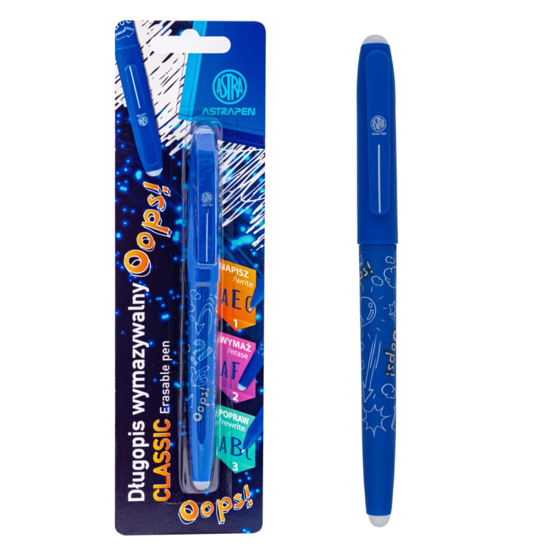 Gumovateľné pero OOPS! 0,6mm, modré, dve gumy, blister, 201319002