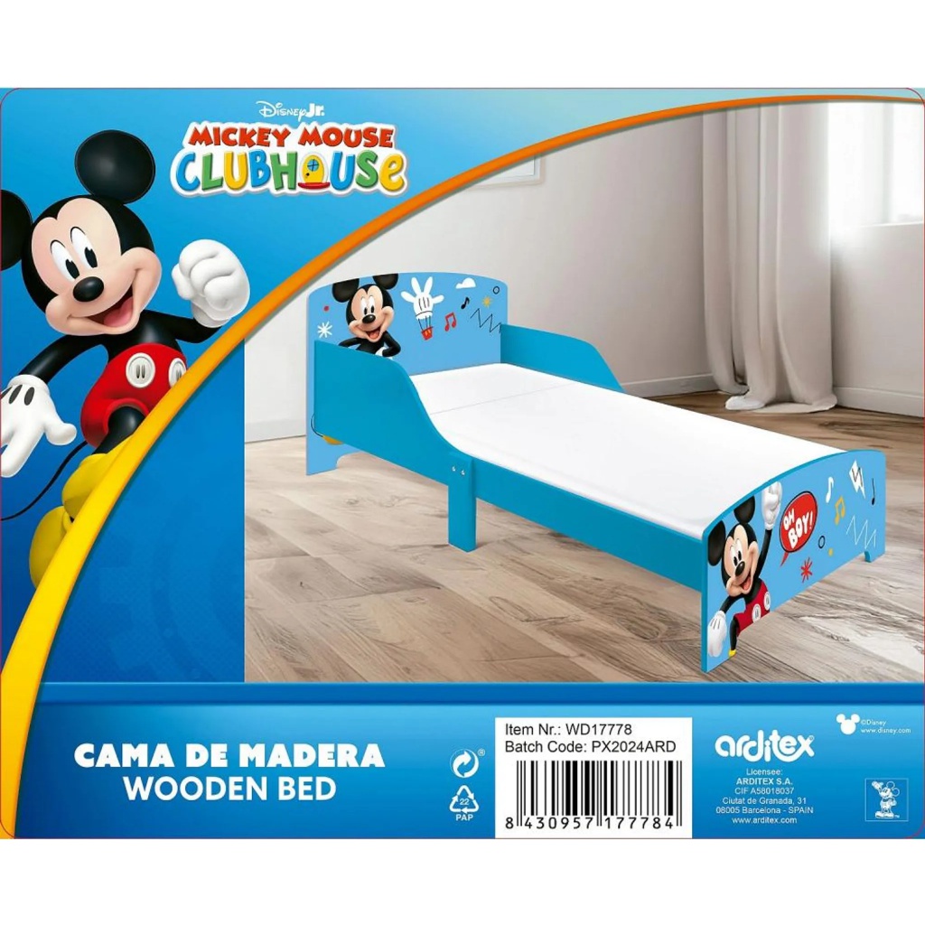 Dětská postel Mickey Mouse je ideální první velkou postelí pro děti od 3 let. Pevná dřevěná konstrukce s MDF panely, ochrana