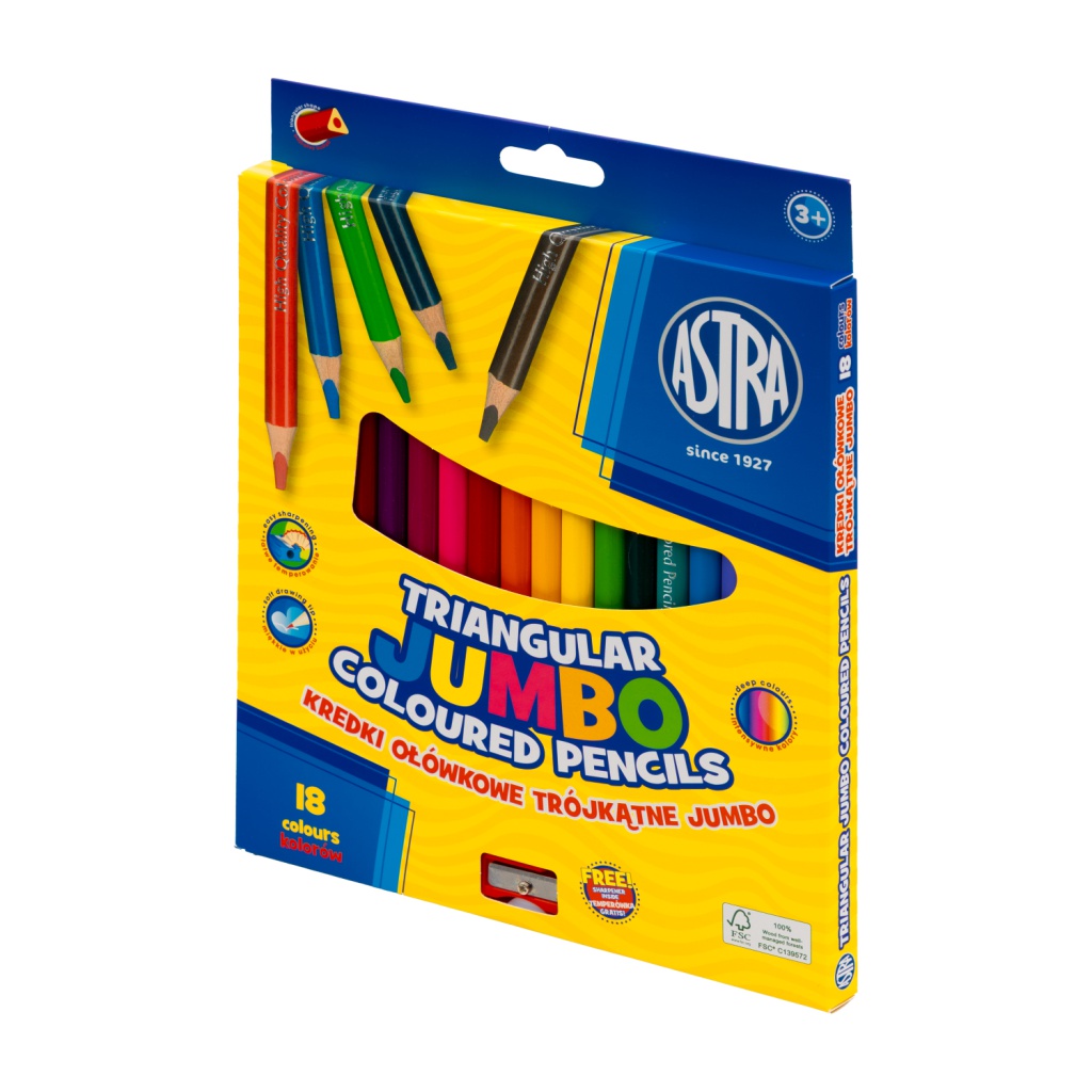 Jumbo trojhranné farbičky Astra 18 farieb – hrubé pre deti + strúhadlo