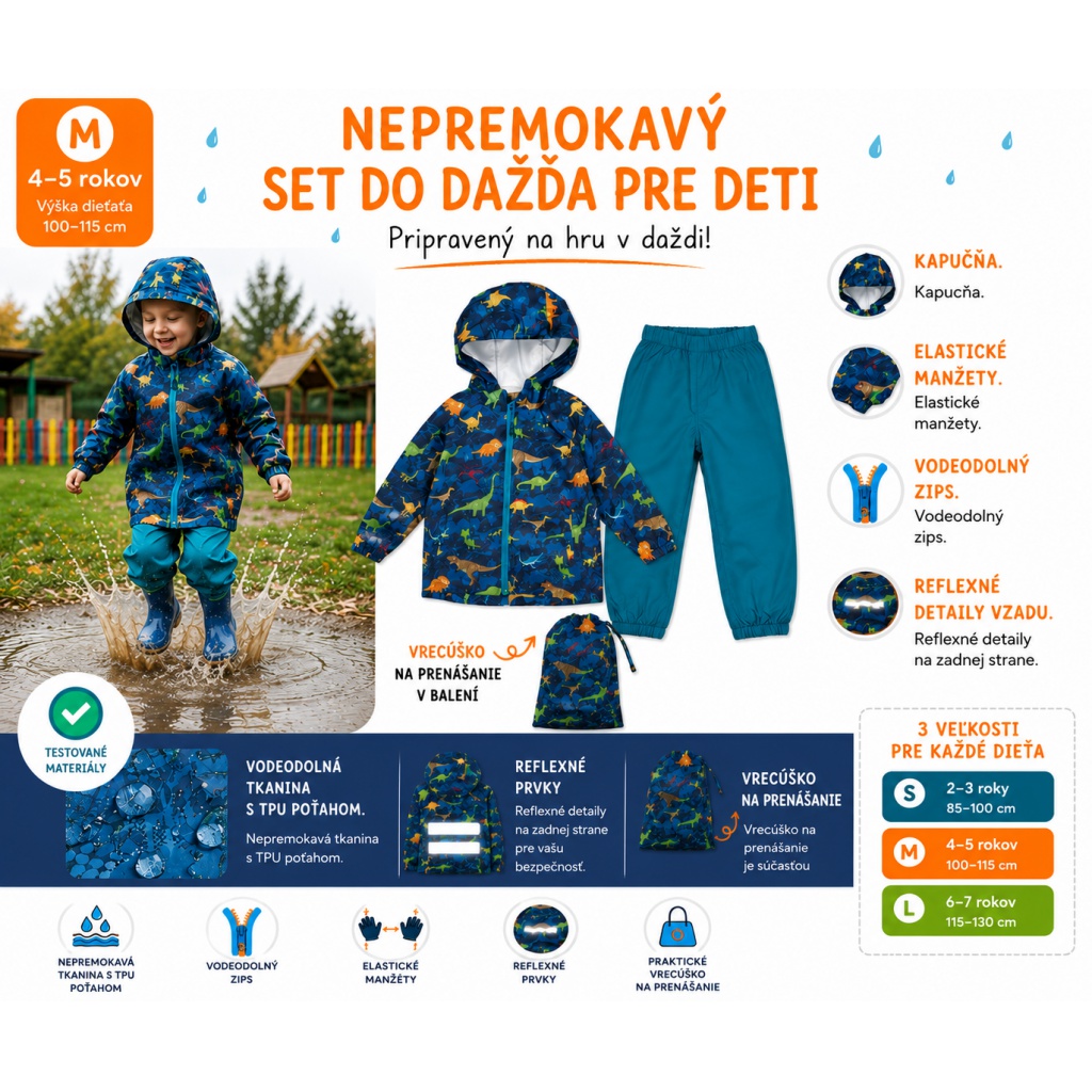 Detský nepremokavý set Perletti Dinosaurs M 4–5 rokov