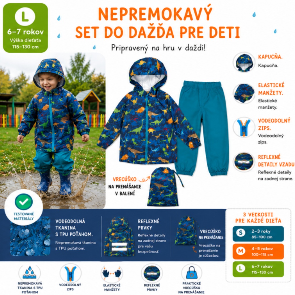 Detský nepremokavý set Perletti Dinosaurs L 6–7 rokov