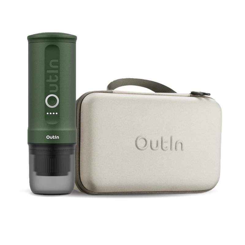 OutIn Nano přenosný espresso kávovar Forest Green s pouzdrem