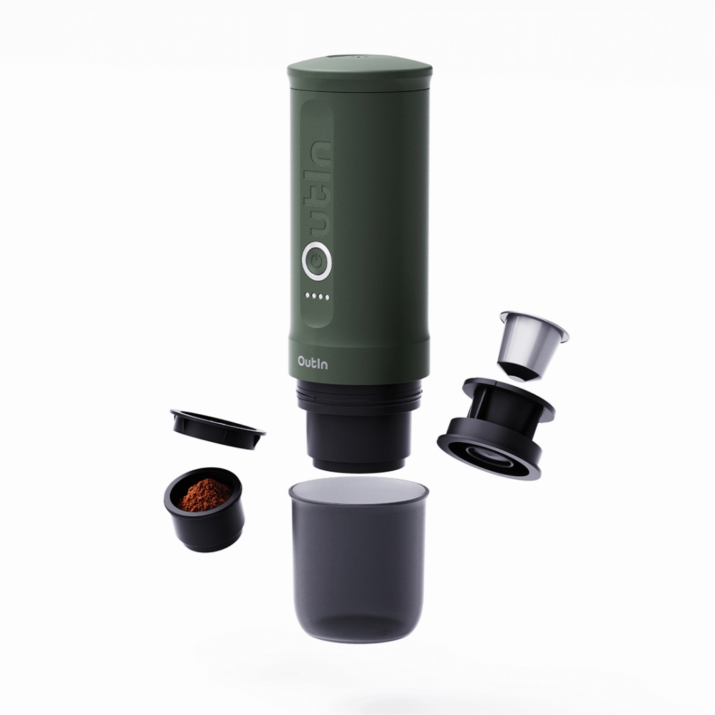 OutIn Nano přenosný espresso kávovar Forest Green s pouzdrem