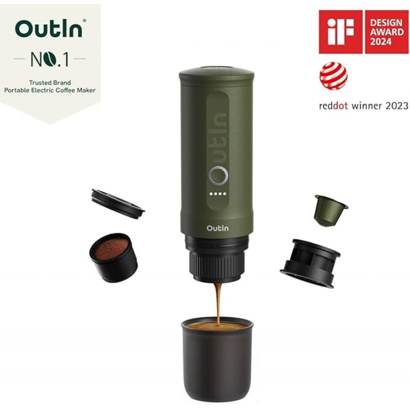 OutIn Nano přenosný espresso kávovar Forest Green s pouzdrem
