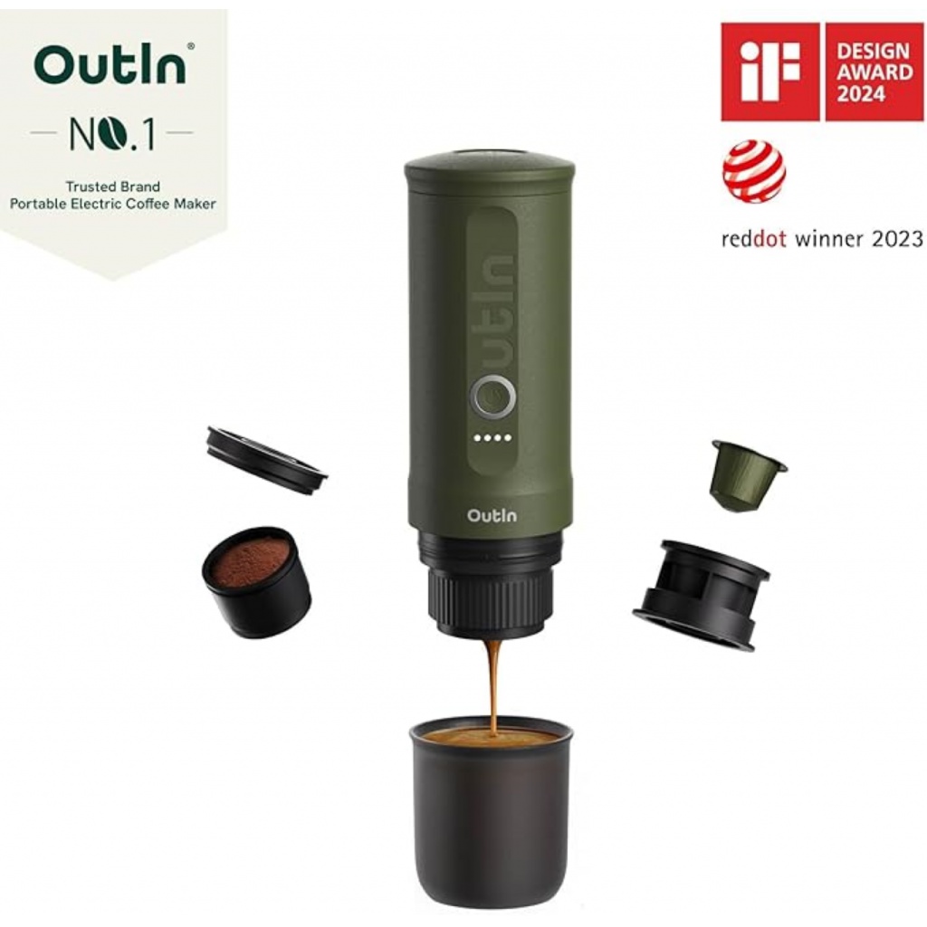 OutIn Nano přenosný espresso kávovar Forest Green s pouzdrem