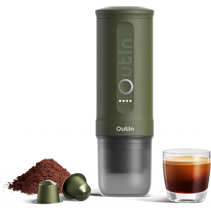 OutIn Nano přenosný espresso kávovar Forest Green s pouzdrem