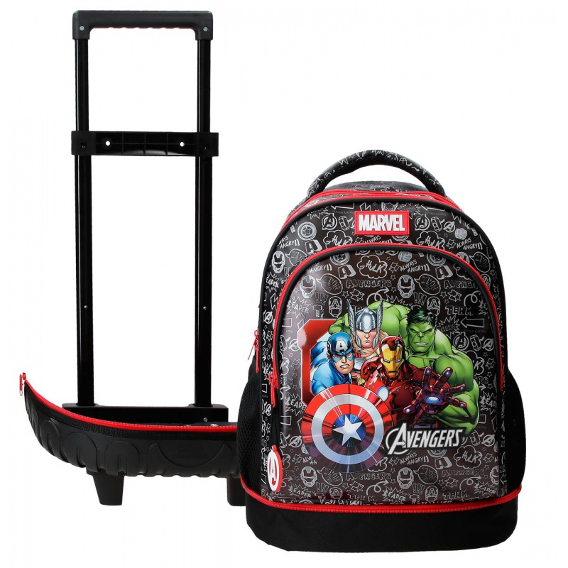 Školní batoh na kolečkách Team Avengers s motivem oblíbených hrdinů Marvel a odnímatelným vozíkem umožňuje použití jako batoh