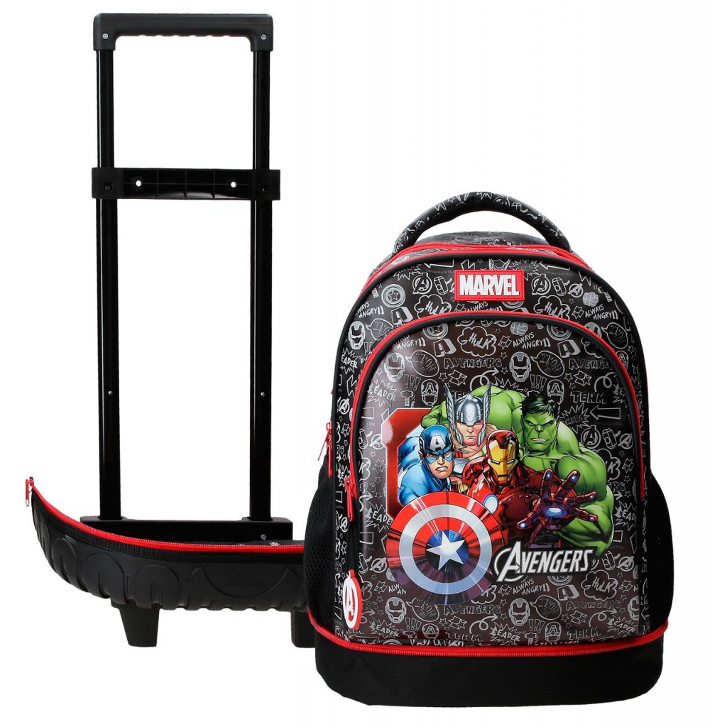 Školní batoh na kolečkách Team Avengers s motivem oblíbených hrdinů Marvel a odnímatelným vozíkem umožňuje použití jako batoh